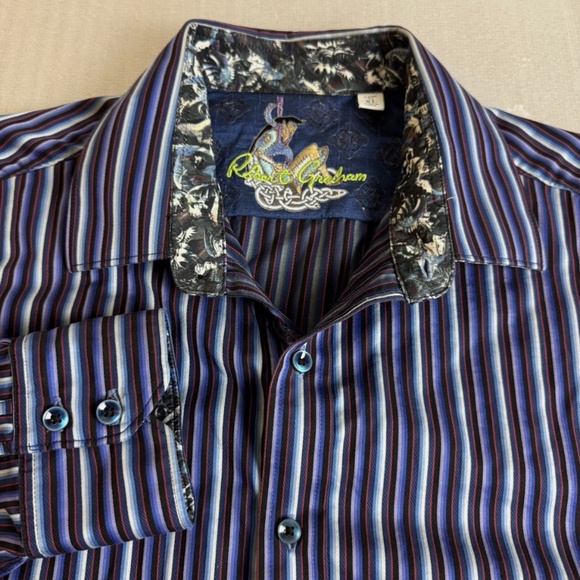 Robert Graham Rare Dragons Pattern Mens Shirt Size XL Purple Blue Flip Cuffs - Picture 1 of 13